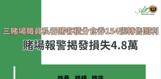 三市場部職員私吞賭客食券轉售圖利 賭場揭發報警損失近5萬元 三市場部職員私吞賭客食券轉售圖利 賭場揭發報警損失近5萬元